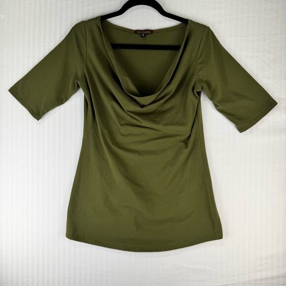 Texture Draped Cowl Neck Green Short Sleeve Blouse Size Small Organic Cotton - Picture 1 of 4